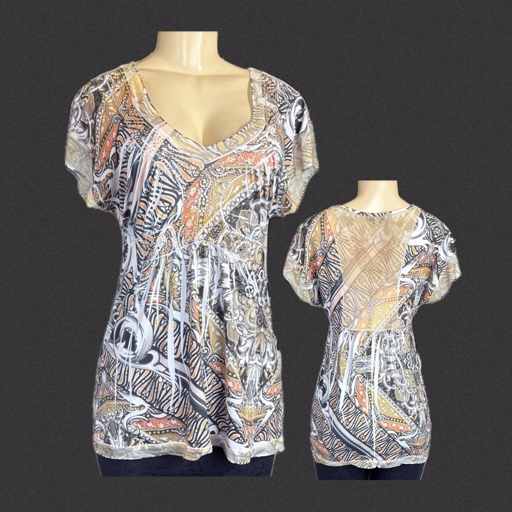 Live and Let Live S Tan Studded V-Neck Mesh Trim Empire Waist Short Sleeve Top